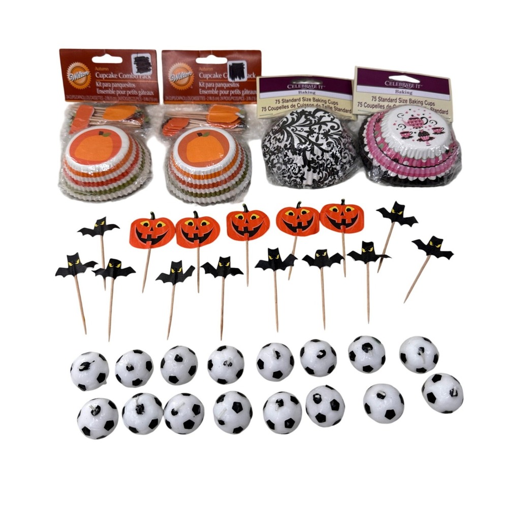 Wilton Celebrate It Cupcake Liners Picks Candles Halloween Pumpkin Soccer Lot